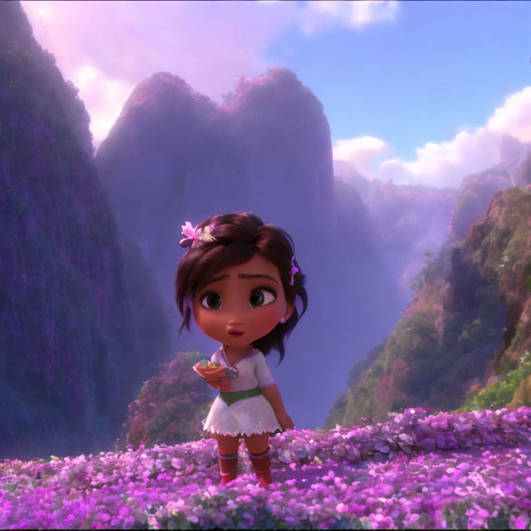 Young girl in flower field with misty mountains in 3D animation