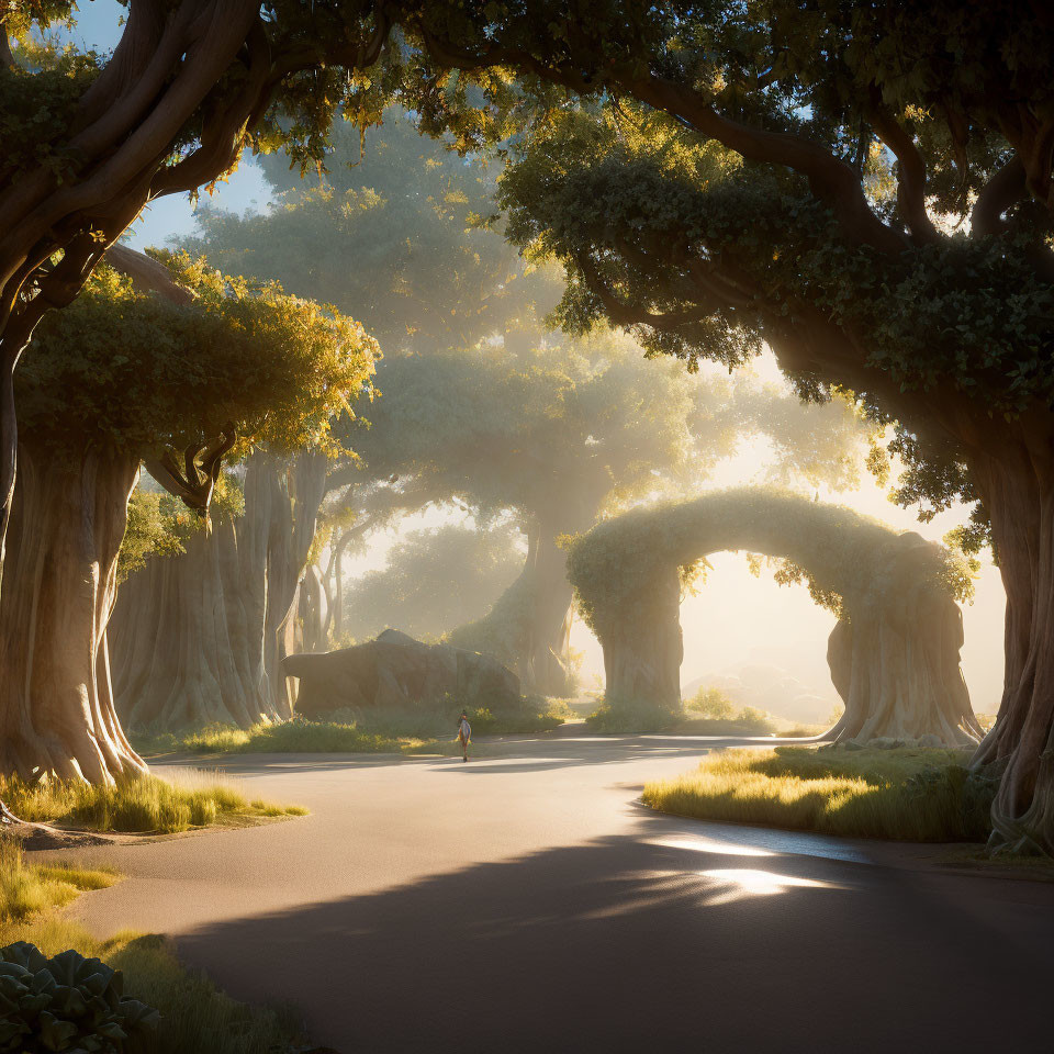 Sunlit Road Flanked by Ancient Trees and Archway Branches