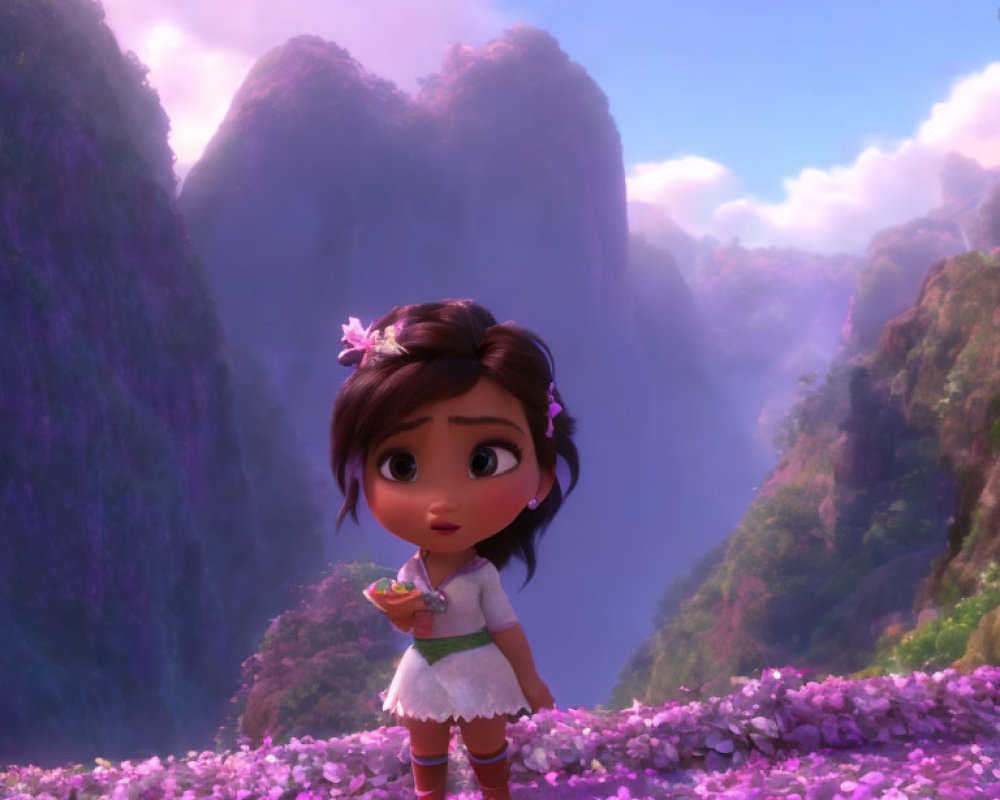 Young girl in flower field with misty mountains in 3D animation