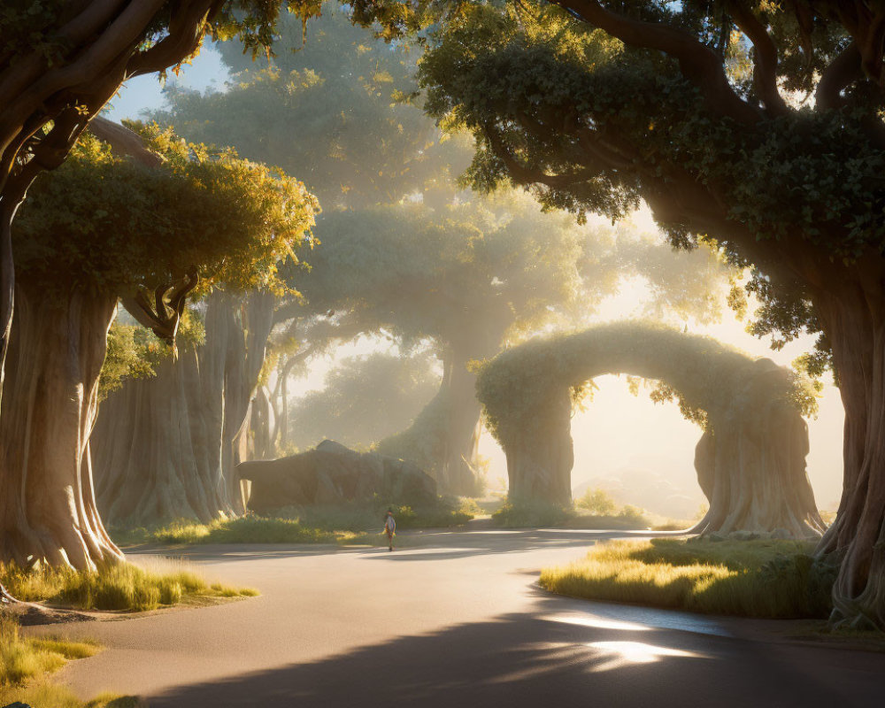 Sunlit Road Flanked by Ancient Trees and Archway Branches