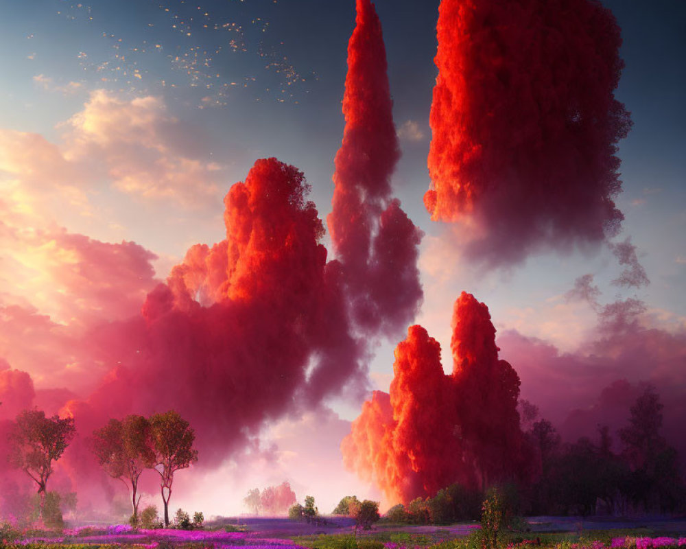 Colorful landscape with red clouds, purple flora, and starry sky