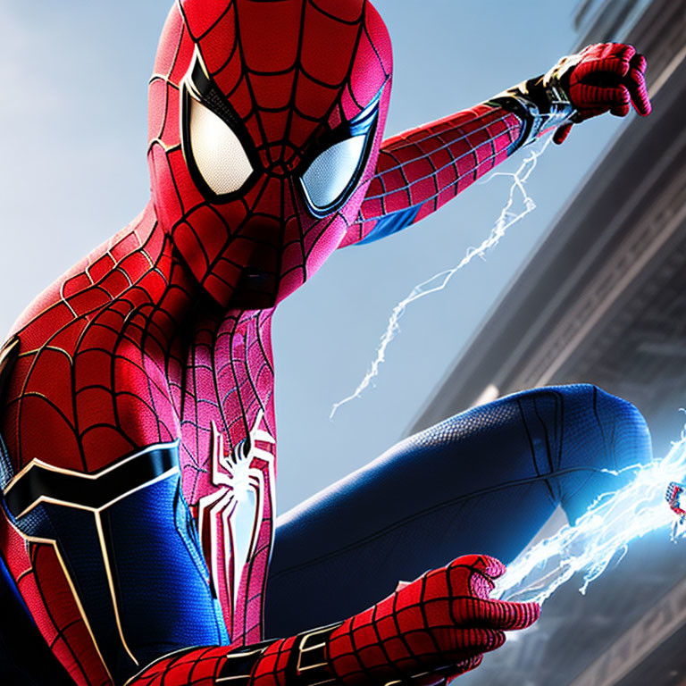 Superhero in dynamic pose with web-shooters amidst skyscrapers and lightning.