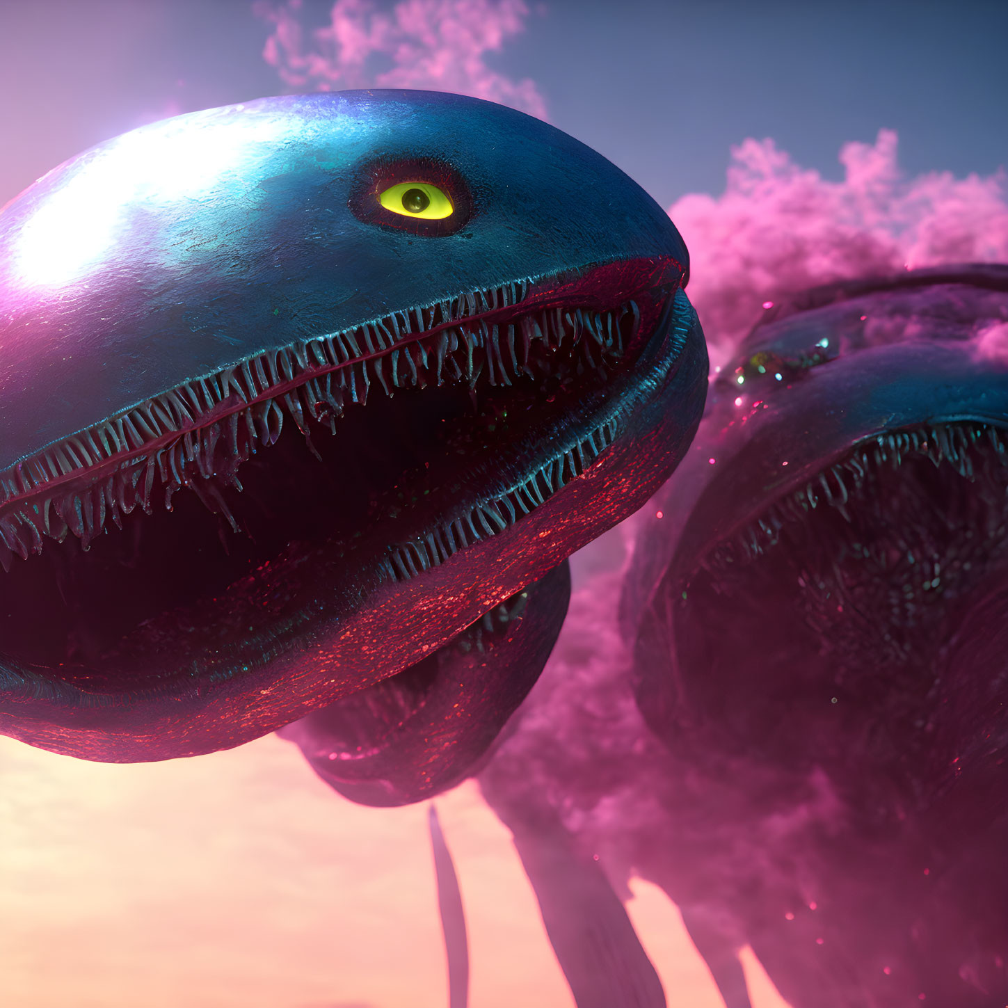 Colorful alien fish with sharp teeth in pink aquatic setting