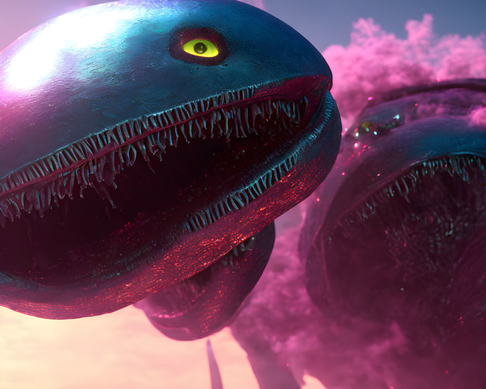 Colorful alien fish with sharp teeth in pink aquatic setting