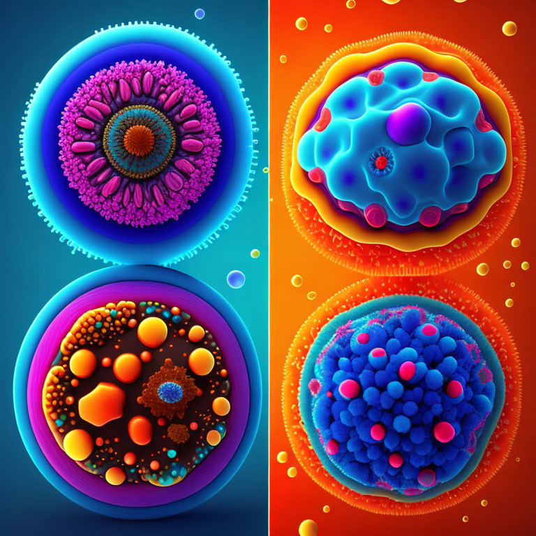 Colorful Stylized Cell Illustrations on Bright Backgrounds