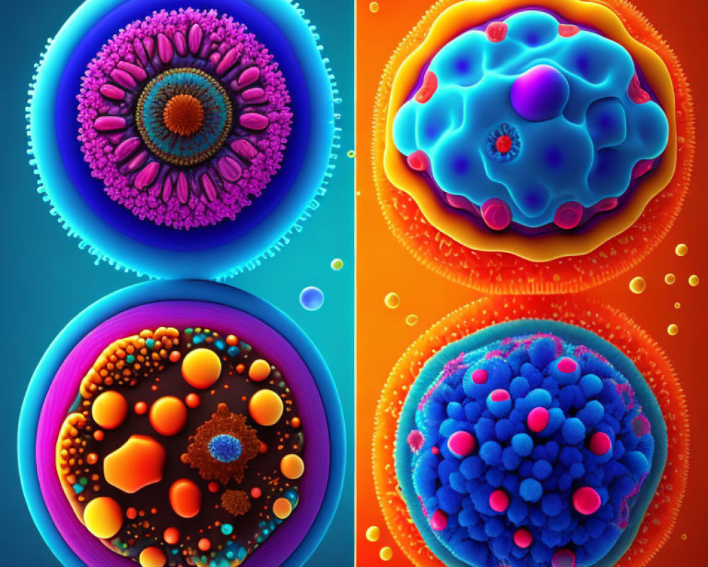 Colorful Stylized Cell Illustrations on Bright Backgrounds