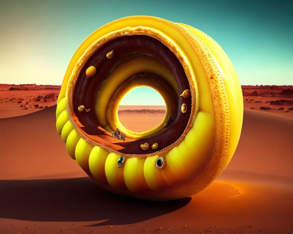 Surreal doughnut-shaped object with fruit-like layers in desert landscape