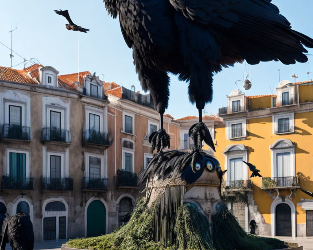 Urban square features large black raven sculpture with buildings and flying bird