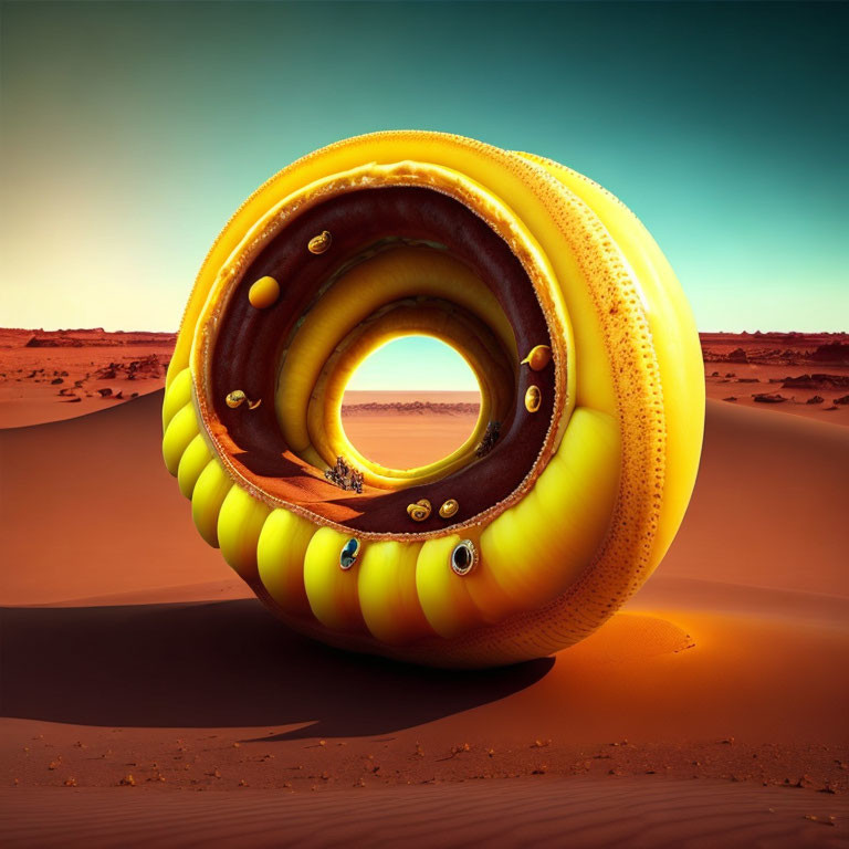 Surreal doughnut-shaped object with fruit-like layers in desert landscape