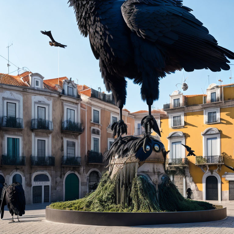 Urban square features large black raven sculpture with buildings and flying bird