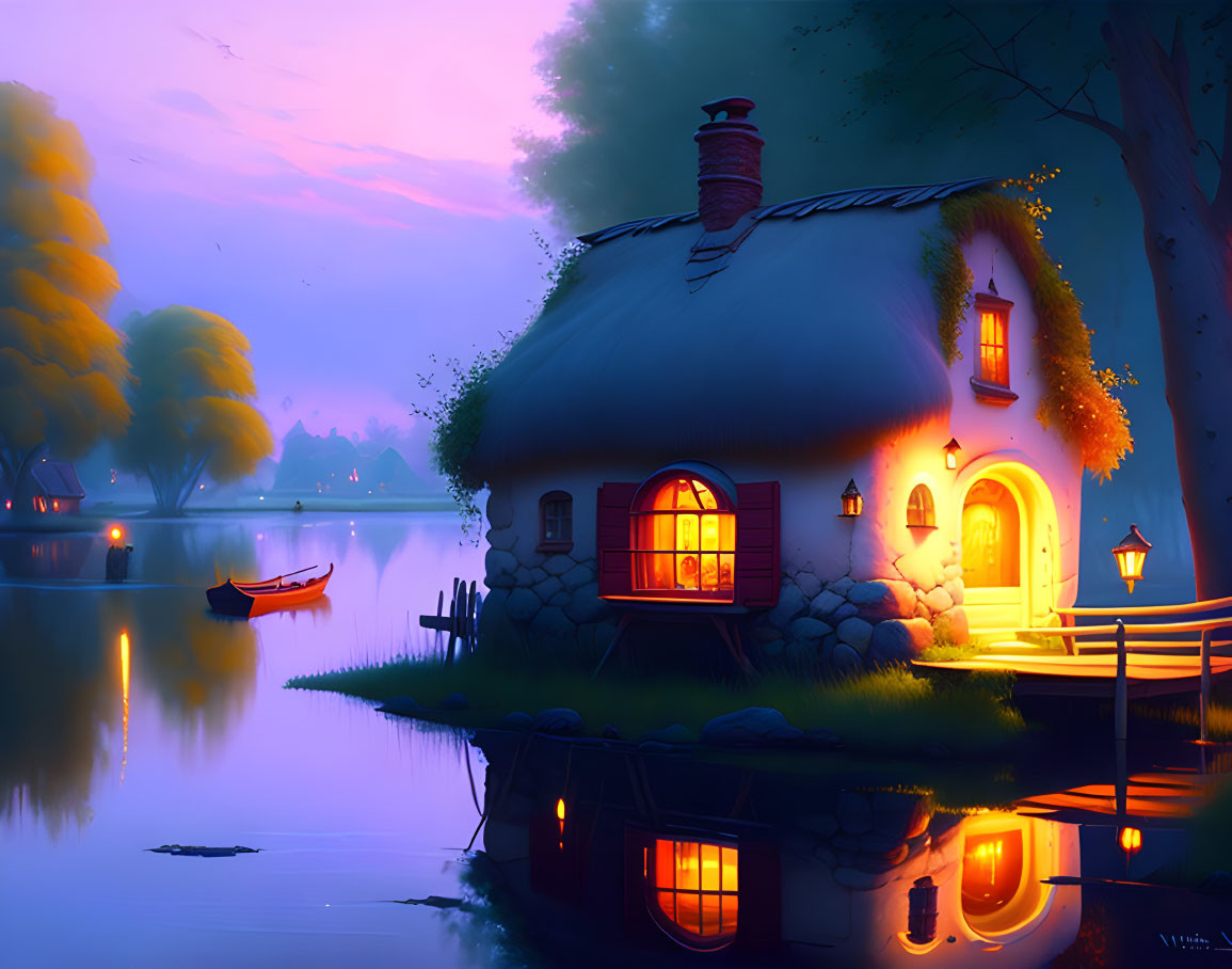 Tranquil twilight lake scene with cottage, warm lights, and boat