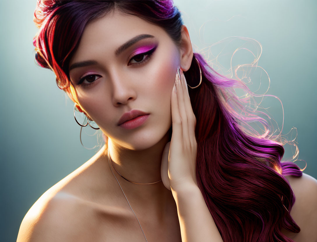 Vibrant purple hair woman with gentle gaze and cool-toned backdrop