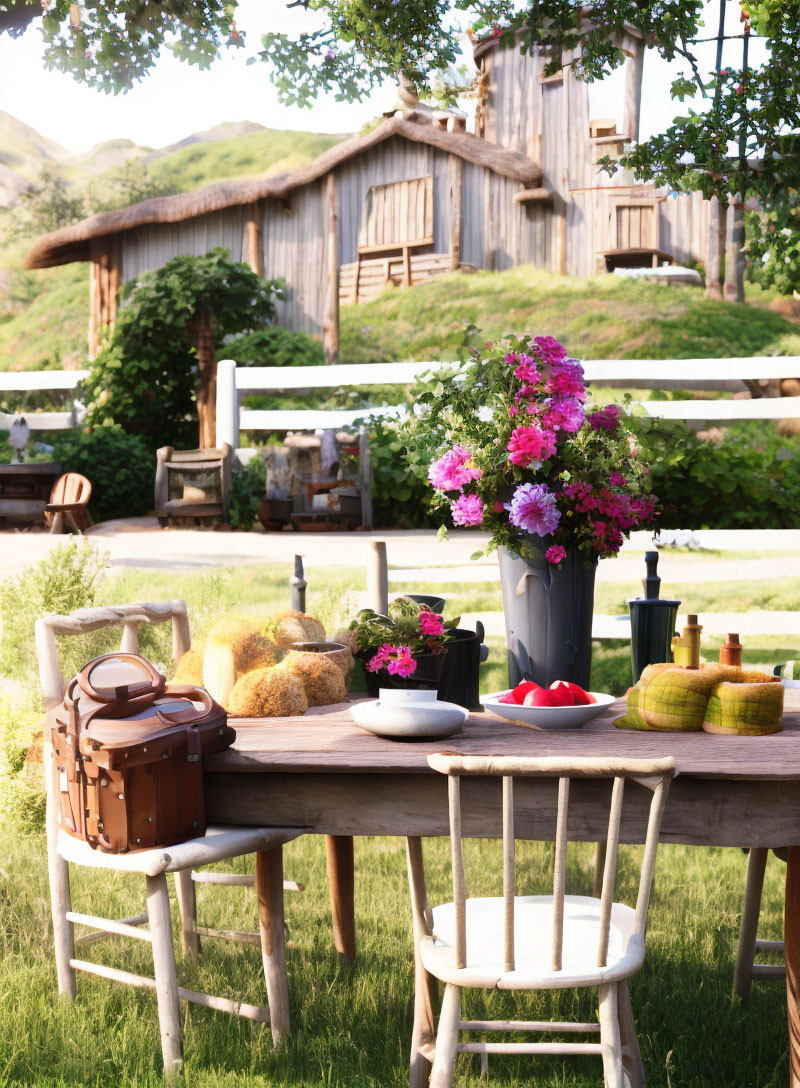 Wooden table set with bread, fruit, flowers, and quaint cottage in rustic outdoor scene