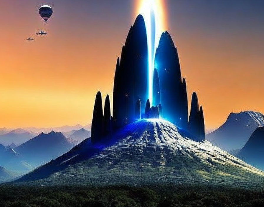 Futuristic mountain with glowing blue core in orange sky, airships and hot air balloon