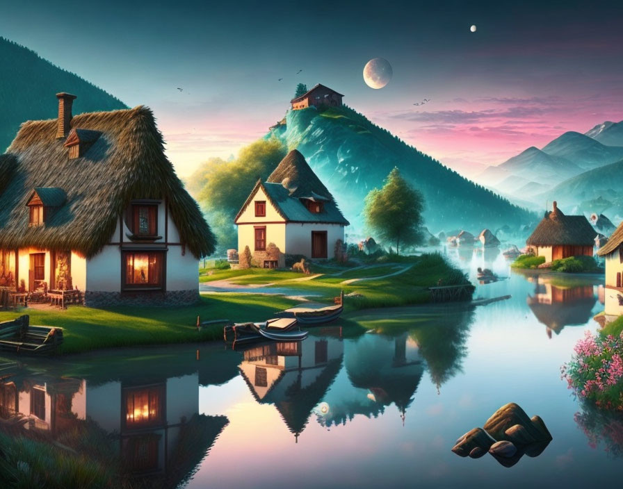 Tranquil village with thatched cottages by calm lake at twilight