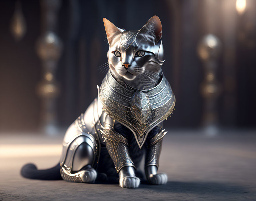 Cat in Medieval Armor Artwork Against Warm Background