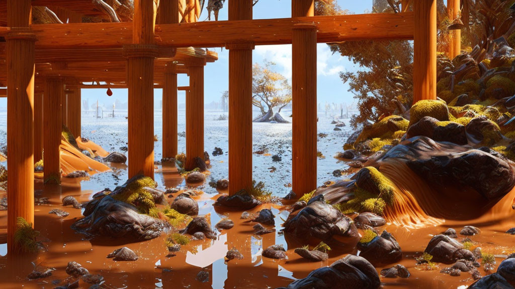 Snowy Landscape: Orange River Flowing Under Wooden Bridge