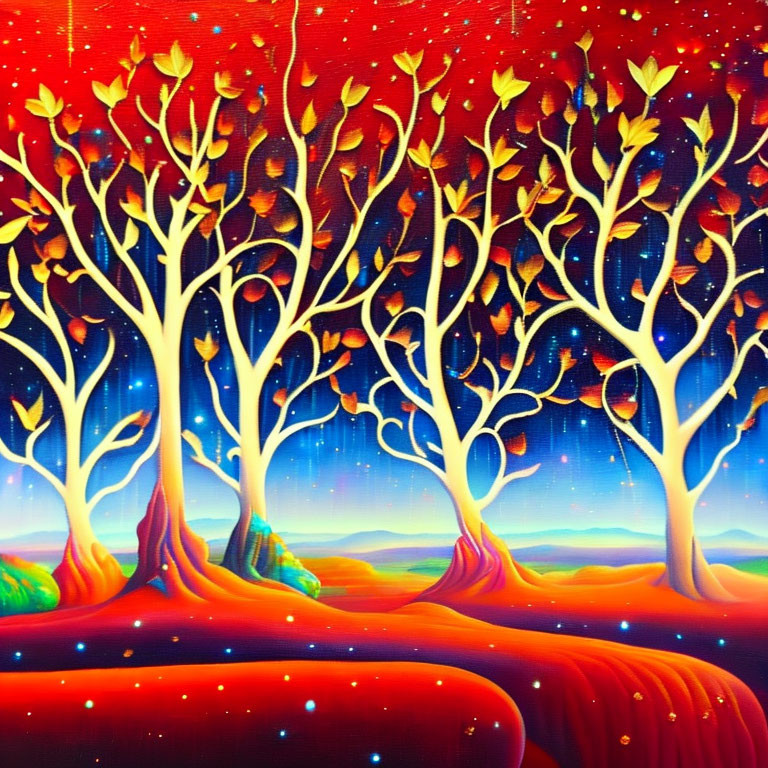 Surreal painting of white tree trunks, red leaves, and golden leaves under starry sky