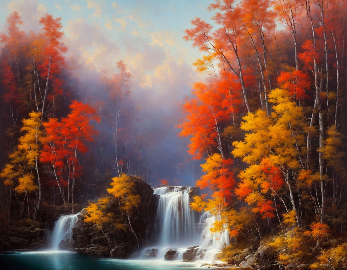 Tranquil autumn waterfall with vibrant foliage in misty woods