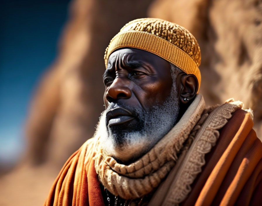 Elderly man in golden headwrap and orange scarf gazes thoughtfully.