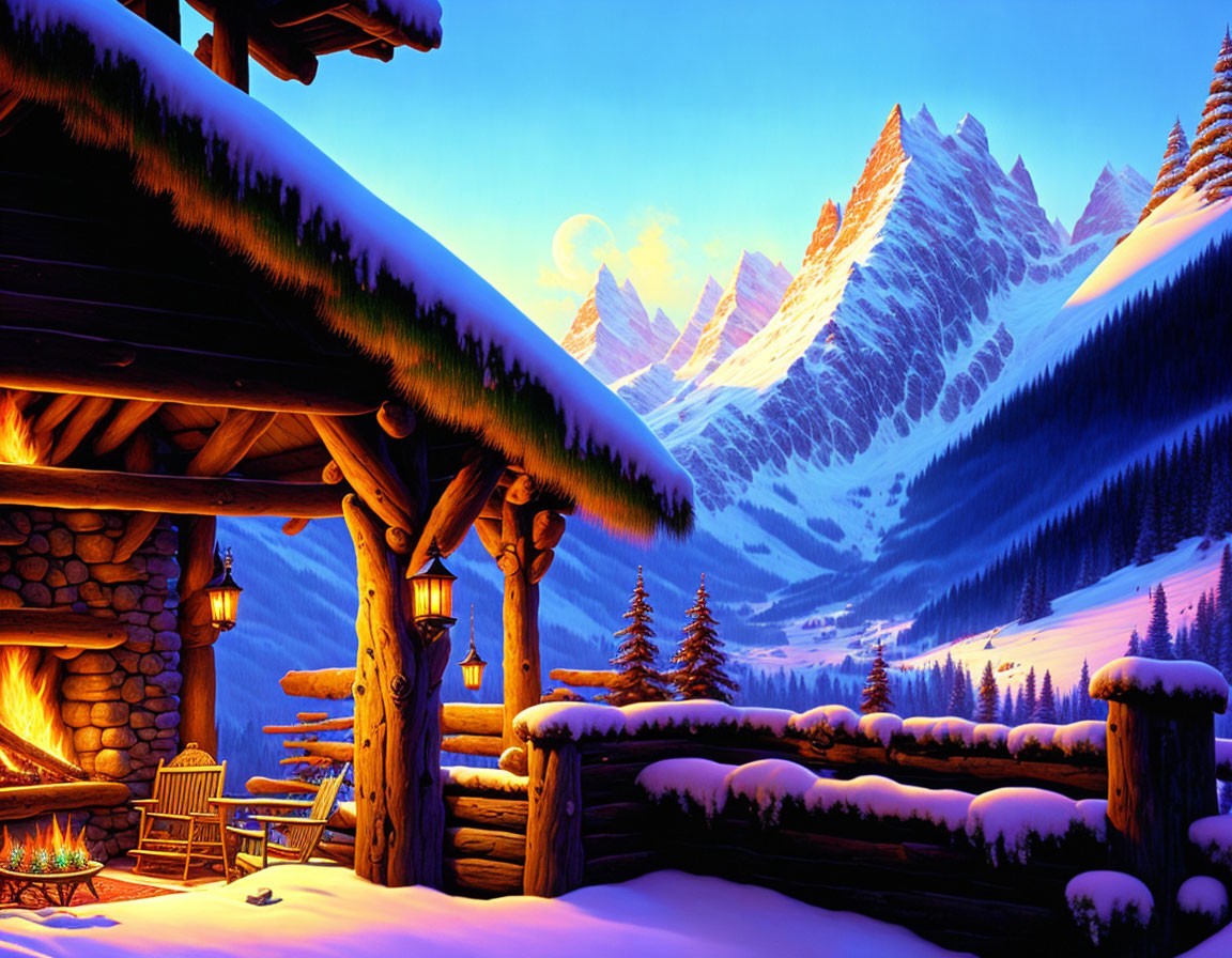 Snow-covered log cabin in wintry landscape with pine trees and mountains at twilight