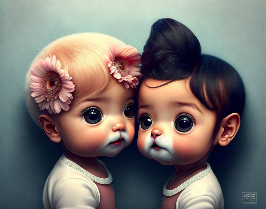 Stylized illustration of adorable babies with expressive eyes and floral hair decor