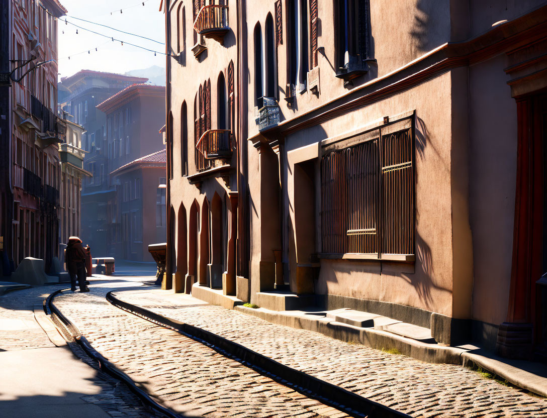 Traditional European street with cobblestones and tram tracks bordered by historic buildings under clear sky