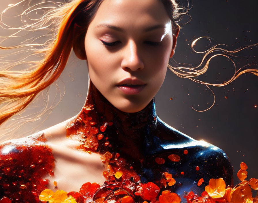 Vibrant orange-haired woman in glossy bodysuit with floral and gem details.