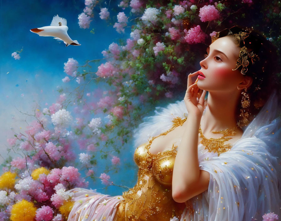 Woman in golden gown with feathered shawl among pink and yellow blossoms and seagull.