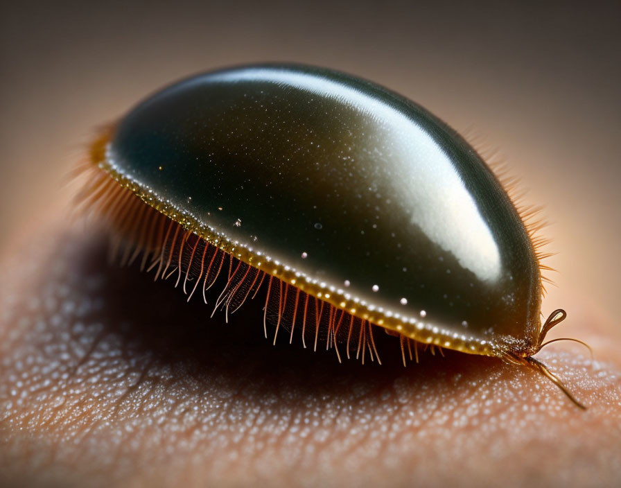 Dark-colored beetle with hair-like structures on skin