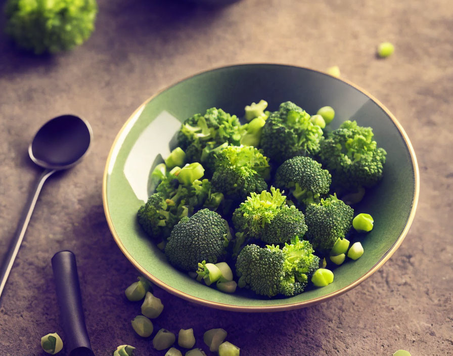 Fresh steamed broccoli and green peas on grey surface with black spoon