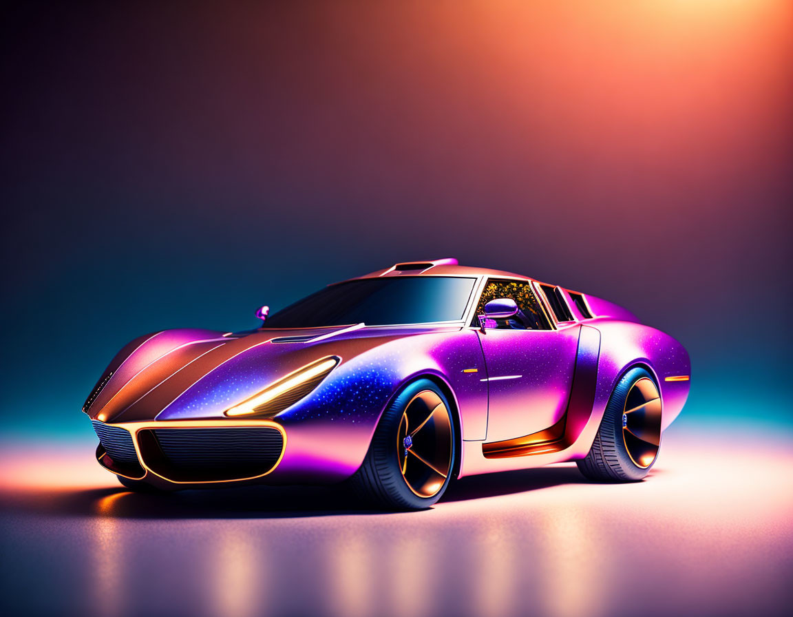 Purple sports car with yellow rims on gradient background