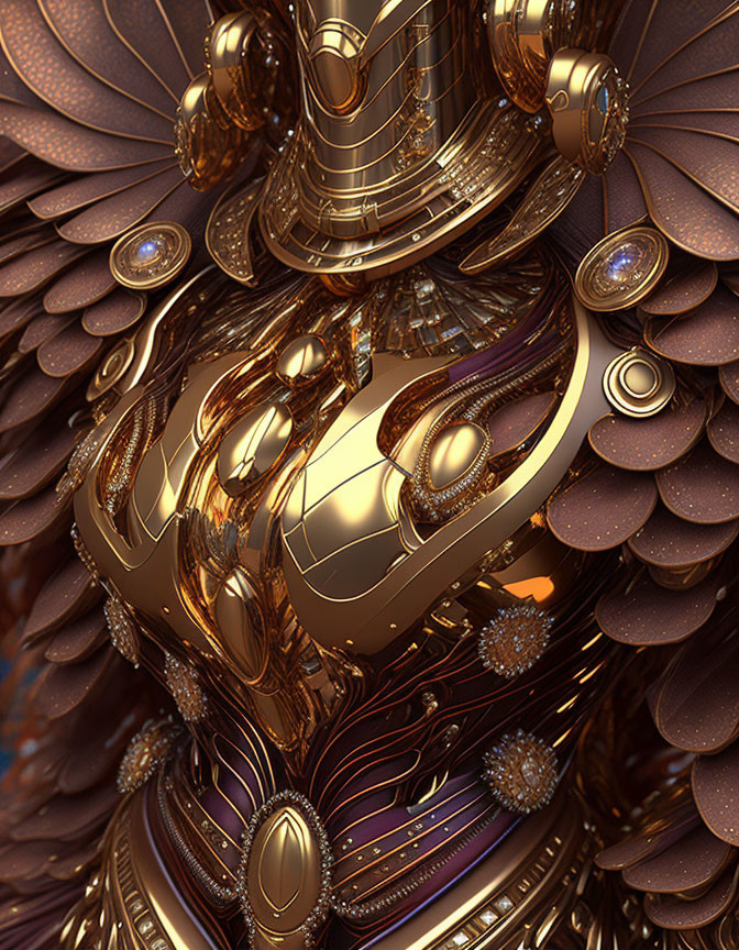 Detailed digital artwork: Golden mechanical structure with intricate armor-like patterns