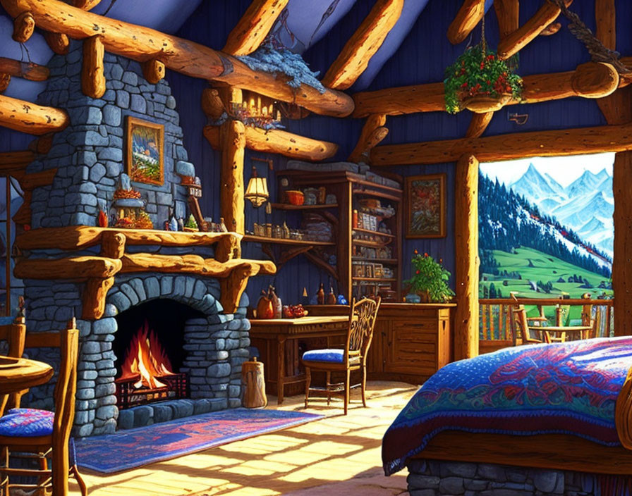 Rustic cabin interior with stone fireplace and mountain view