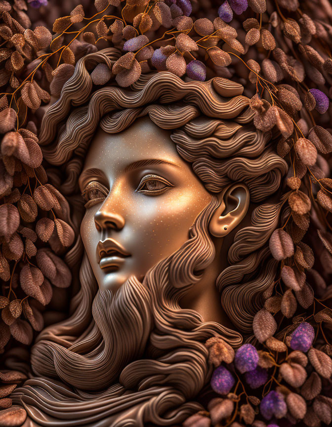 Detailed 3D Woman's Face Illustration with Wavy Hair, Berries, and Autumn Leaves