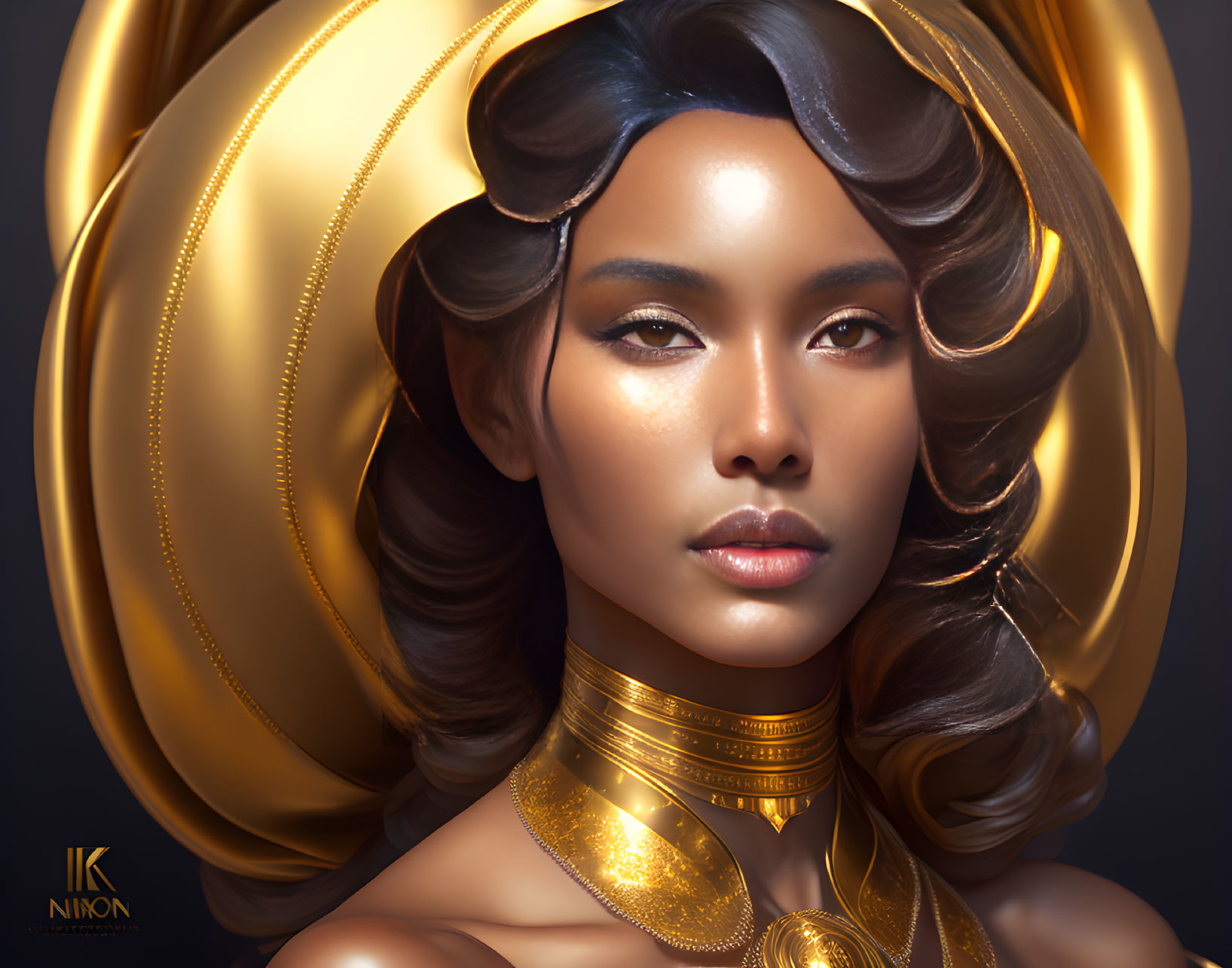 Digital art portrait of woman with golden accessories and stylized hair on dark background