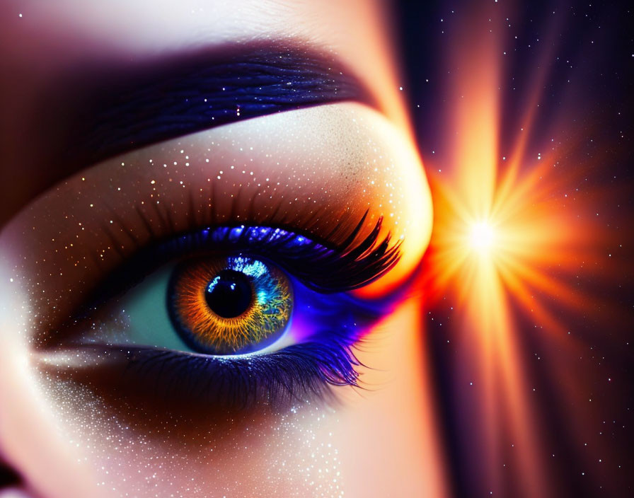 Detailed close-up of vibrant multicolored eye with long eyelashes and starburst effect.