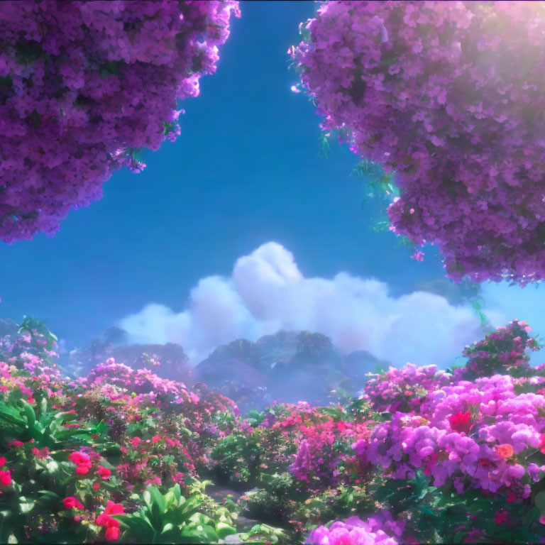 Lush pink and red flower garden under blue sky