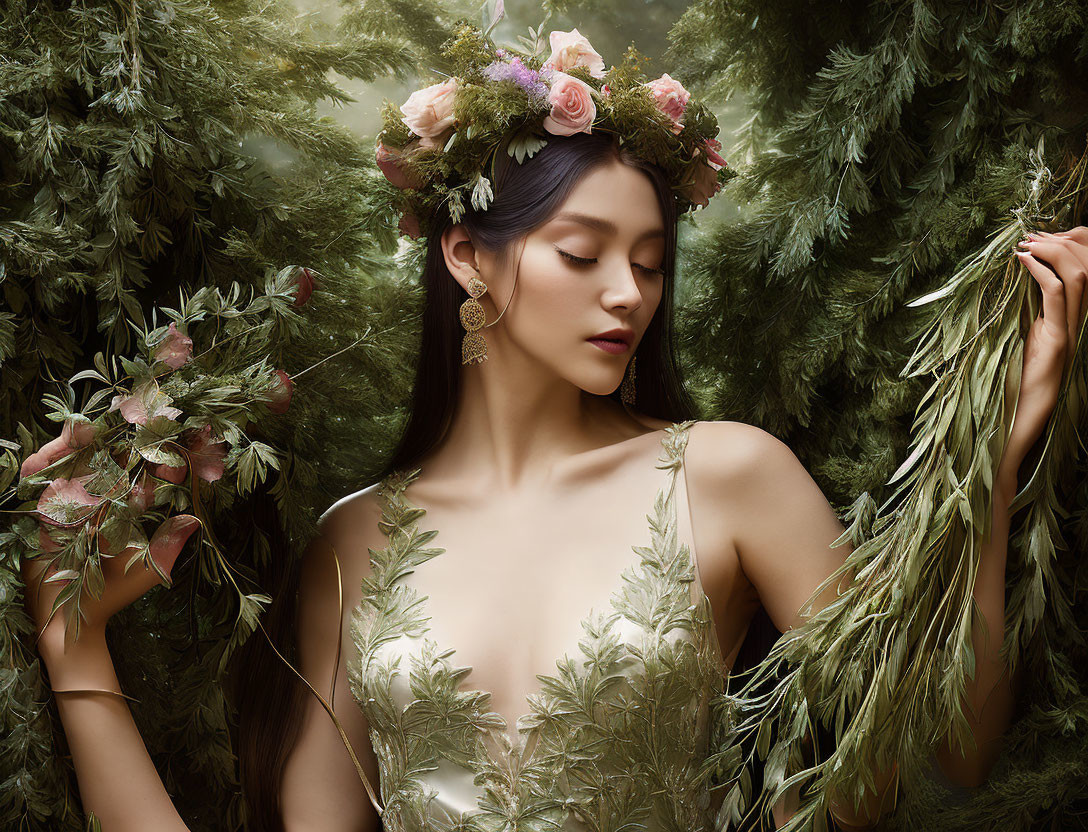 Woman wearing a floral crown in lush greenery setting