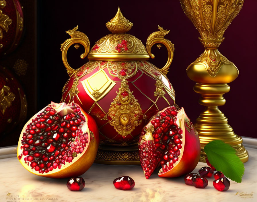 Golden teapot with jewel-encrusted surface and pomegranates on reflective background