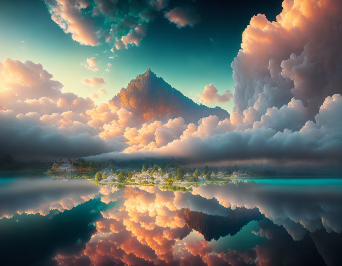 Mountain peak above clouds reflected in still water at lakeside village during vibrant sunset