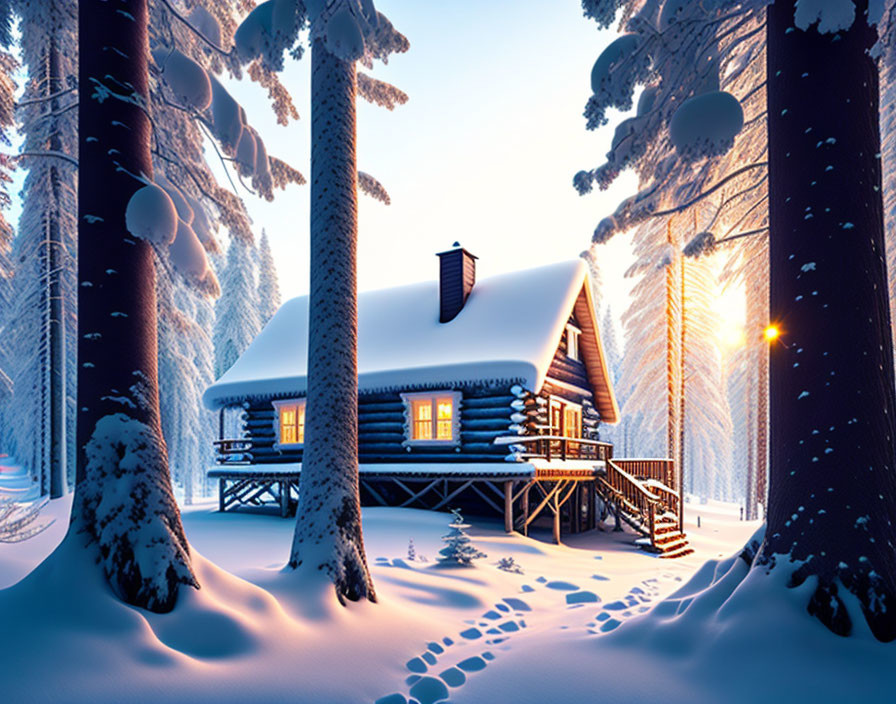 Snowy log cabin with warm glow, sunset, and footprints