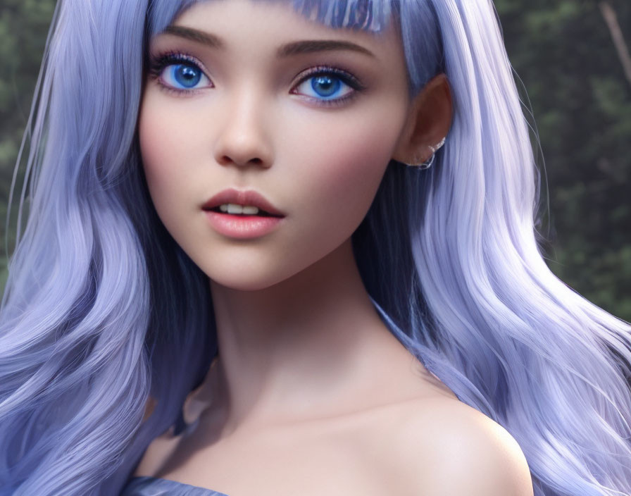 Detailed 3D-rendered female character with light purple hair and blue eyes