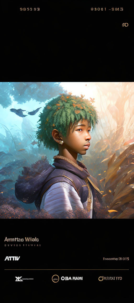 Young person with green hair in forest setting, contemplative expression