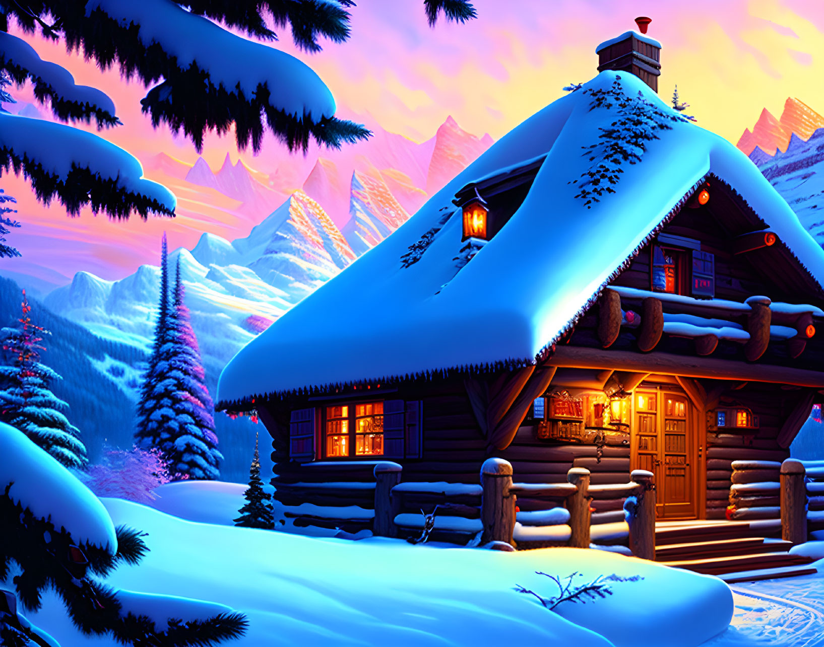 Snowy Winter Cabin Dusk Scene with Glowing Windows