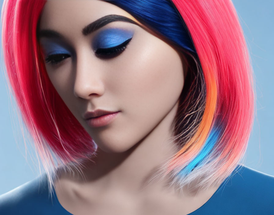 Vibrant Pink and Blue Hair with Blue Eyeshadow on Serene Person