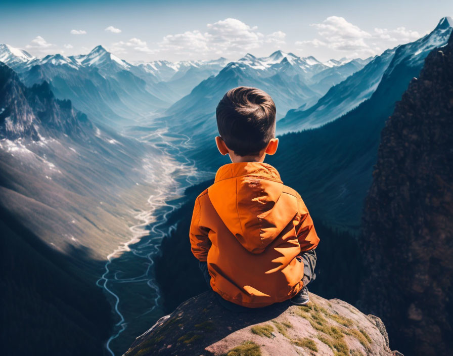 Child in orange jacket on rock overlooking scenic mountain valley.