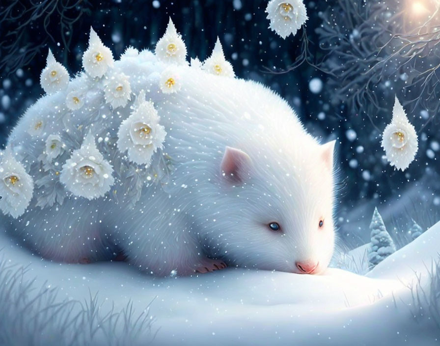 Fantasy white hedgehog in snowy landscape with flowers under snowfall