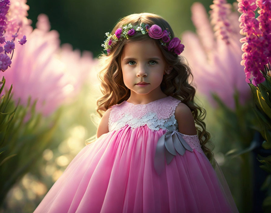 Young girl in pink dress surrounded by tall purple flowers and warm light