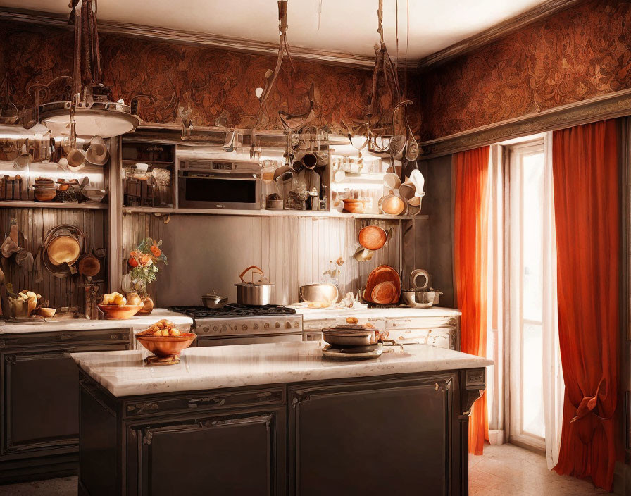 Vintage Kitchen Interior with Copper Utensils, Marble Countertop, and Red Curtains